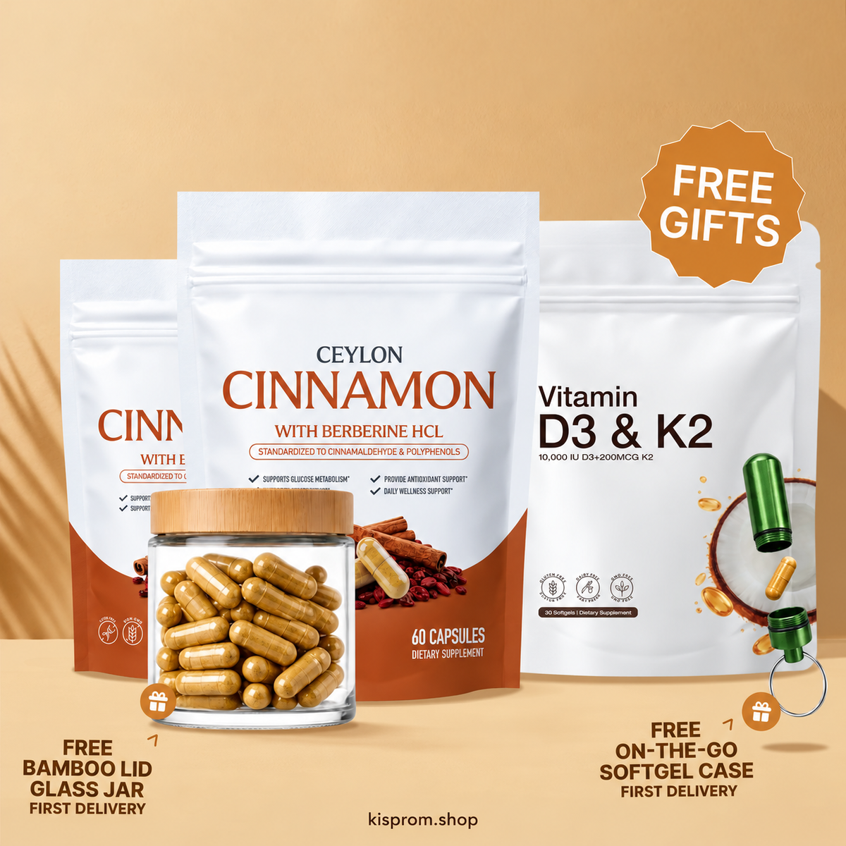 Two cinnamon pouches and one Vitamin D3 and K2 pouch with first-delivery accessories